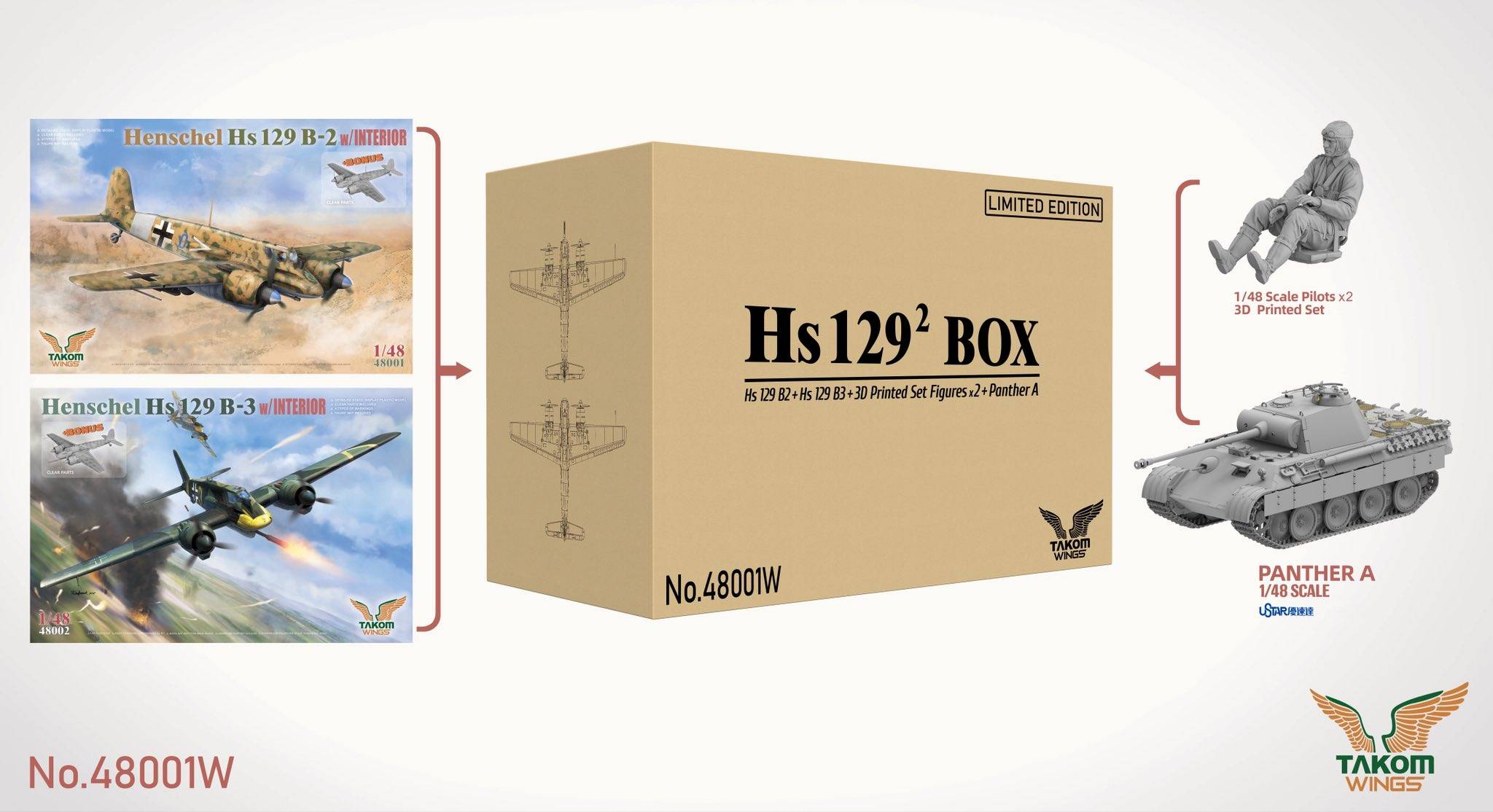 Hs129² Box Hs 129 B2 + Hs 129 B3 + 3d Printed Set Figures x2 + Panther A