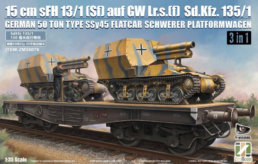 15 cm sFH 13/1 (Sf)auf Gw Lrs.(f )Sd.Kfz.135/1 with German 50 Ton Type SSy45 Flatcar Schwerer Platformwagen