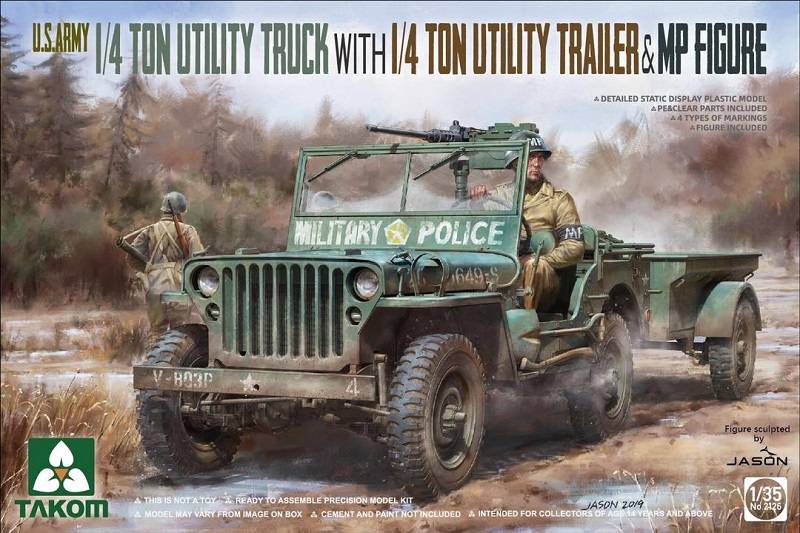 Camion utilitaire de 1/4 tonne de l'armée américaine avec remorque utilitaire de 1/4 tonne et figurine MP