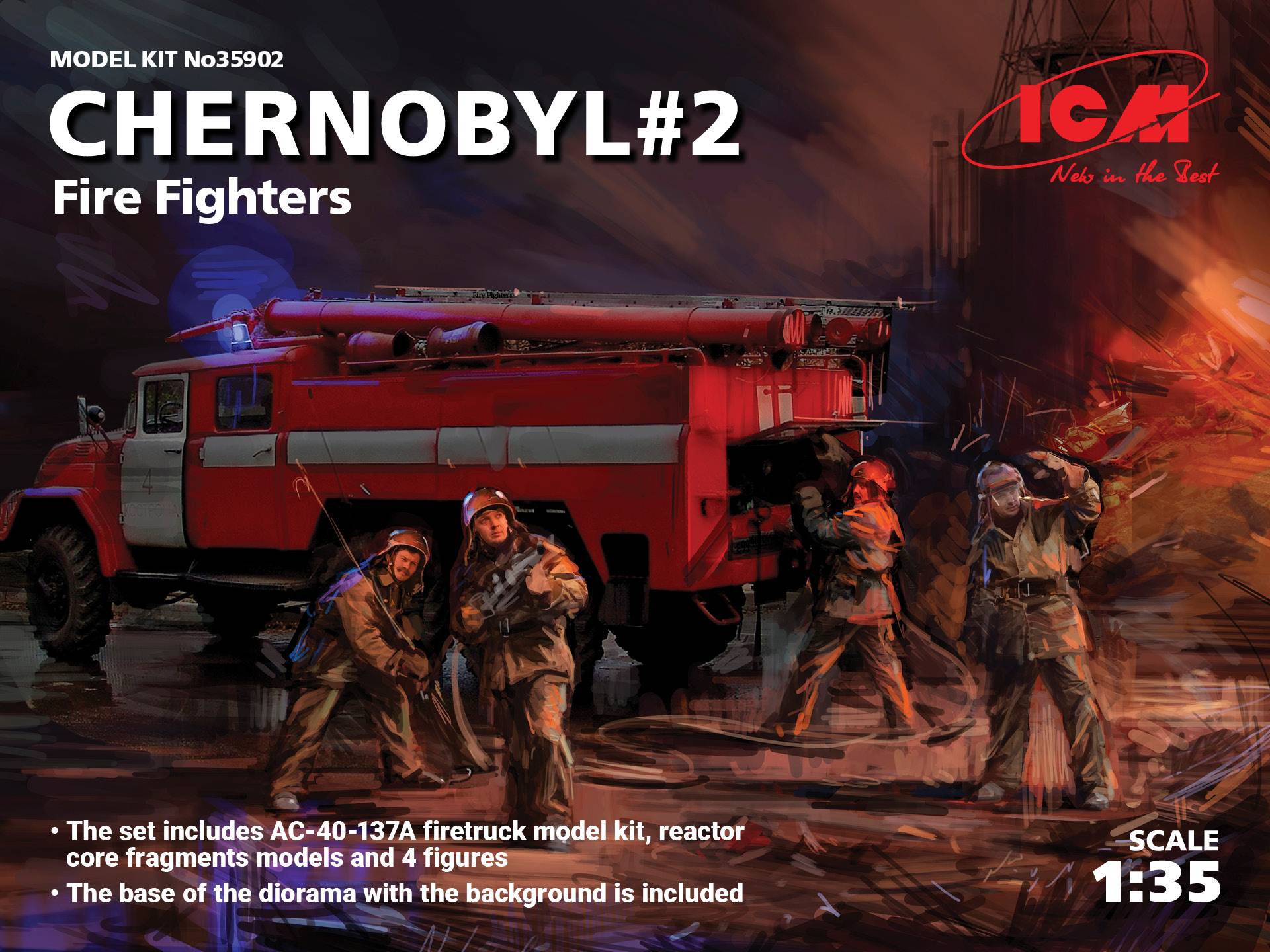 Chernobyl 2. Fire Fighters (AC-40-137A firetruck 4 figures diorama base with background)