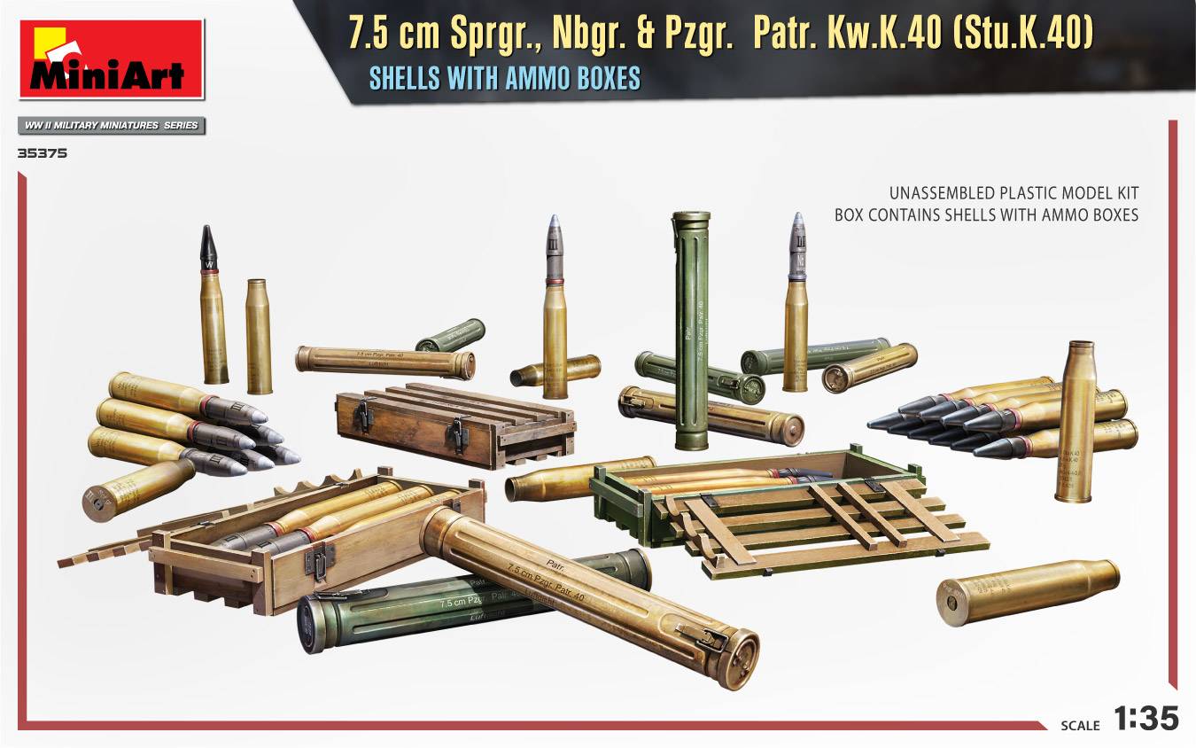 7.5 cm Sprgr., Nbgr. & Pzgr. Patr. Kw.K.40 (Stu.K.40) SHELLS WITH AMMO BOXES – Image 3