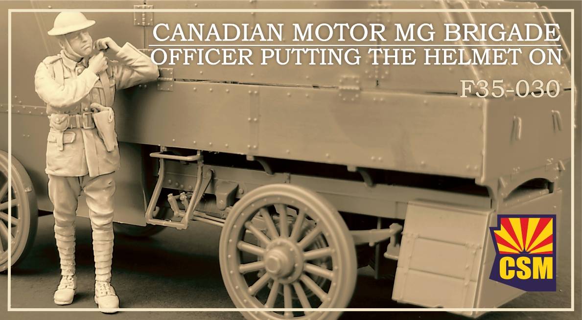 Canadian Motor MG Brigade Officer putting the helmet on