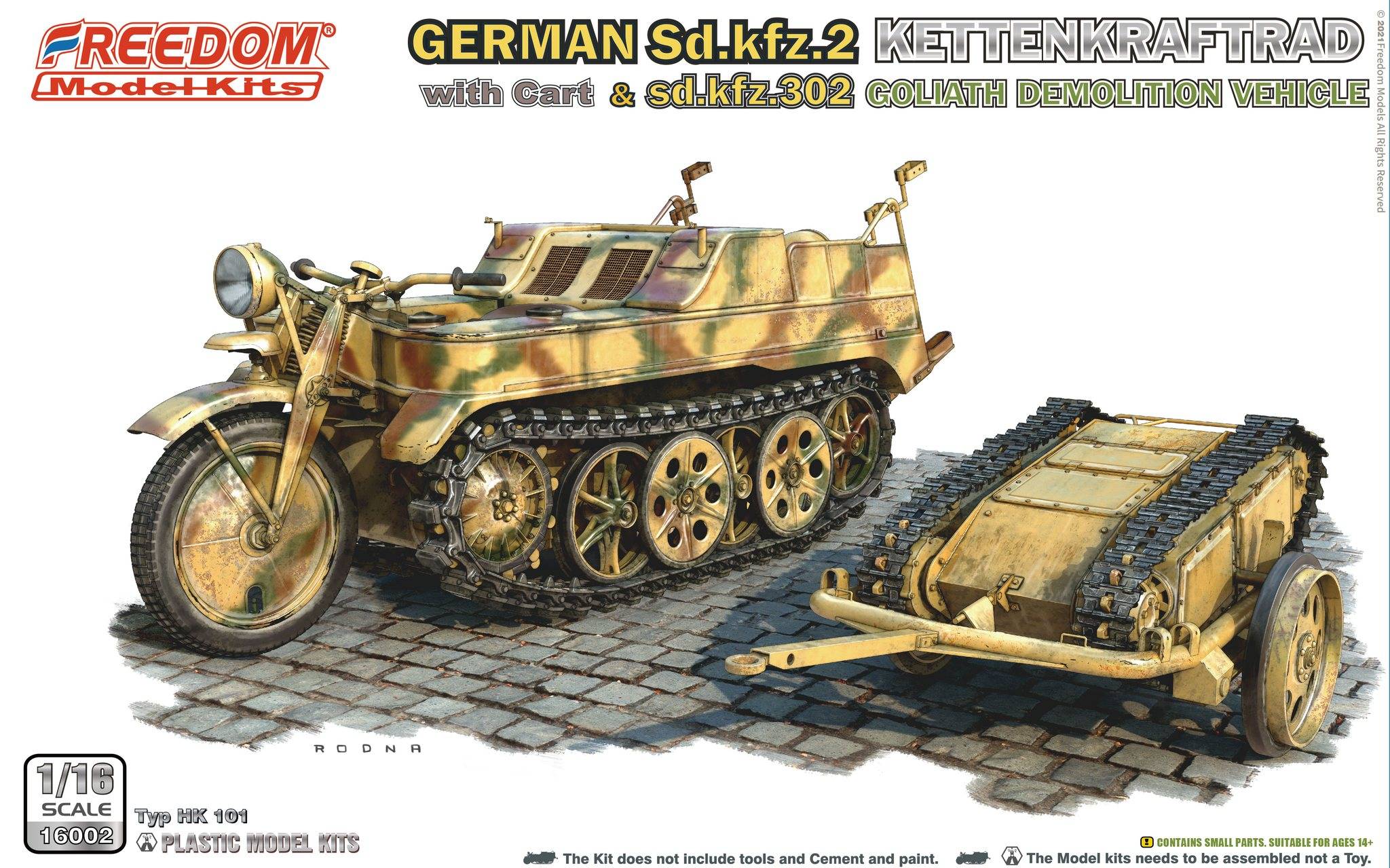 Sd.Kfz.2 Kettenkraftrad with Cart & Sdkfz 302 Goliath Freedom Model Kits 16002 1/16ème maquette char promo
