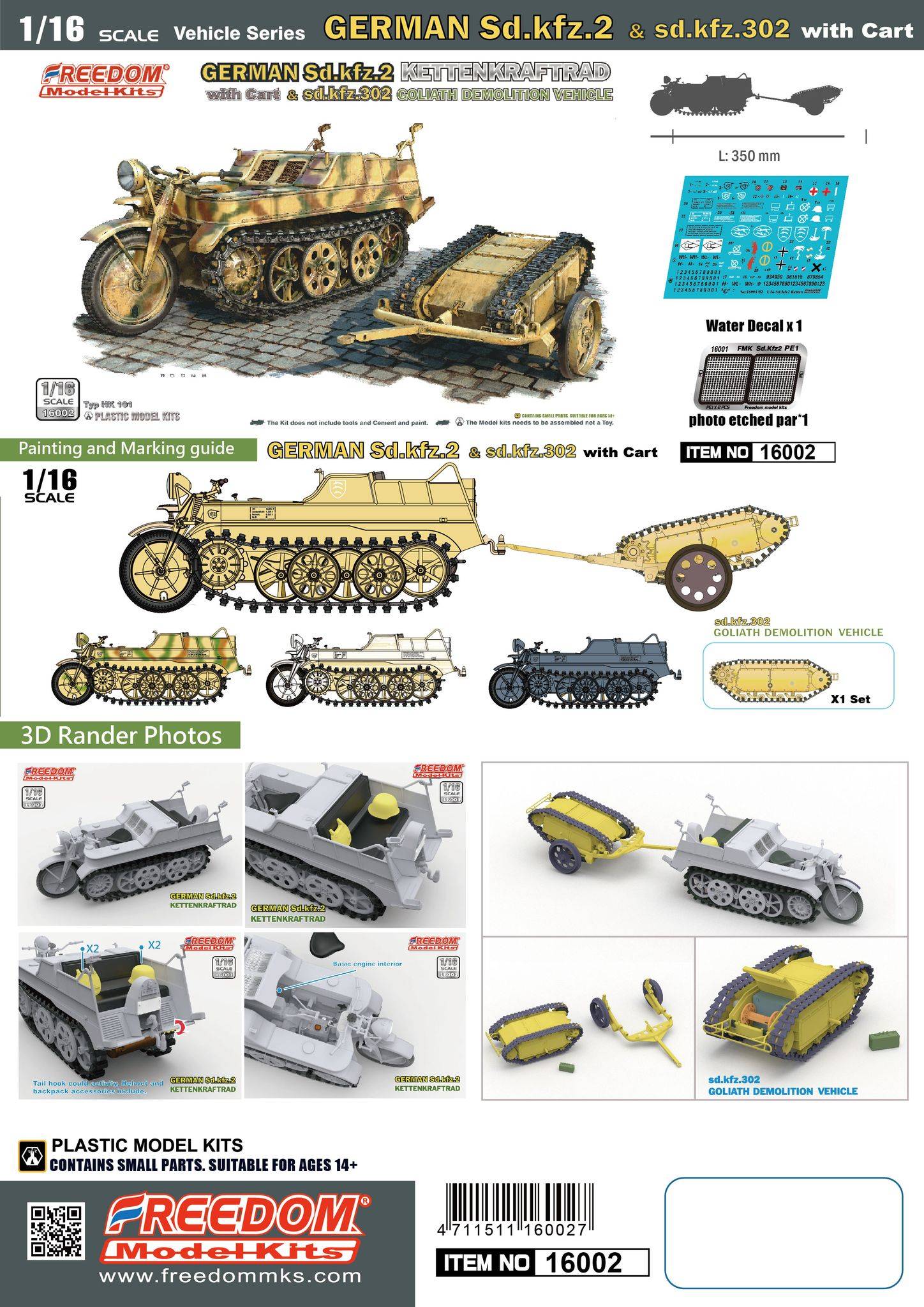 Sd.Kfz.2 Kettenkraftrad with Cart & Sdkfz 302 Goliath Freedom Model Kits 16002 1/16ème maquette char promo – Image 2