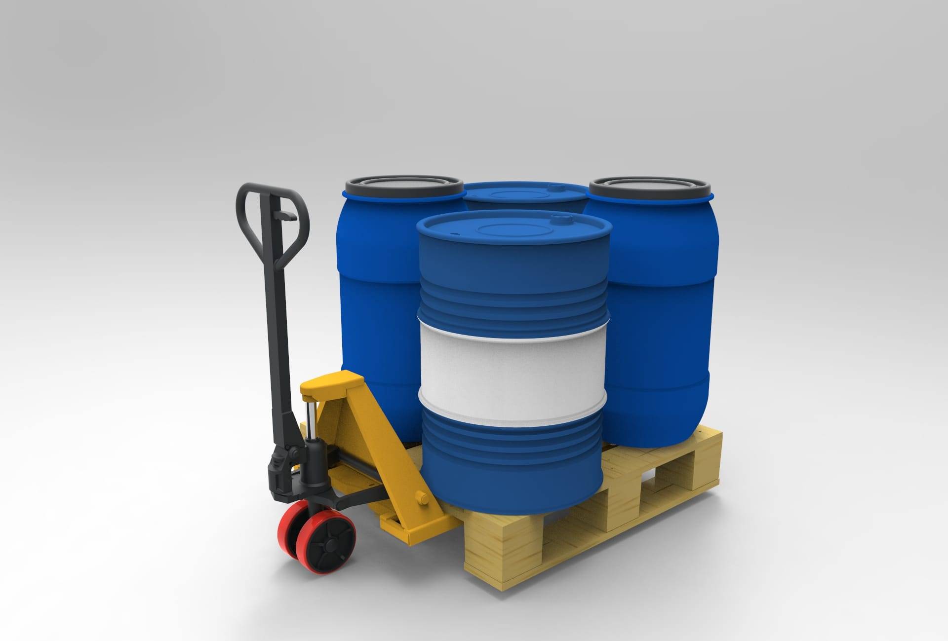 5t Pallet Truck & Wooden Pallet with 200 Litre Oil Drum and Plastic Barrel – Image 3