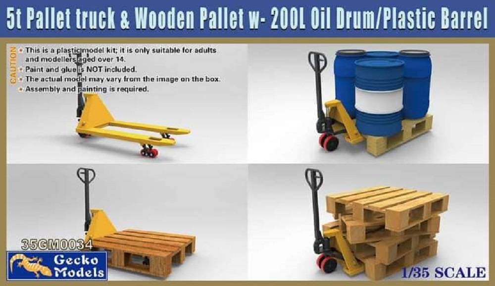 5t Pallet Truck & Wooden Pallet with 200 Litre Oil Drum and Plastic Barrel
