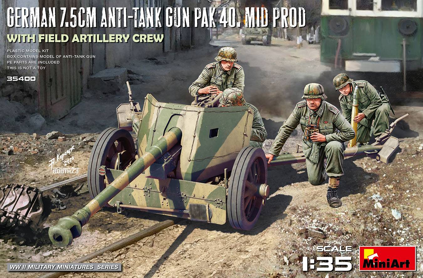 GERMAN 7.5CM ANTI-TANK GUN PAK 40. MID PROD. WITH FIELD ARTILLERY CREW